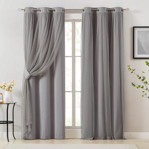 Bujasso Grey 90% Blackout Curtains with Sheer Overlay Mix and Match Double Layer Window Curtains Thermal Insulated 84 inch for Living Room Bedroom Gray Drapes with Tiebacks Grommet Top, 84"L x 37"W