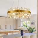 Siljoy Modern Crystal Chandelier, 12-Light Brushed Gold Round K9 Crystal Raindrop Chandelier, Luxury Dimmable Pendant Ceiling Light for Dining Room Living Room Kitchen Island Entryway Foyer, D23.6''
