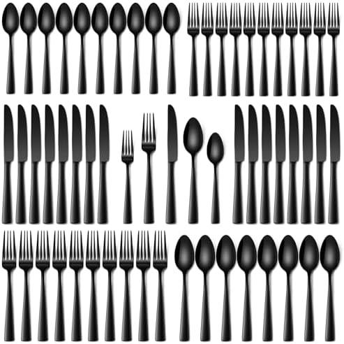 Stapava 60 Pcs Black Silverware Set, Food-Grade Stainless Steel Flatware Set for 12 Mirror Polished Cutlery Utensil Sets Include Dinner Knives Spoons and Forks Set Dishwasher Safe for Home Restaurant