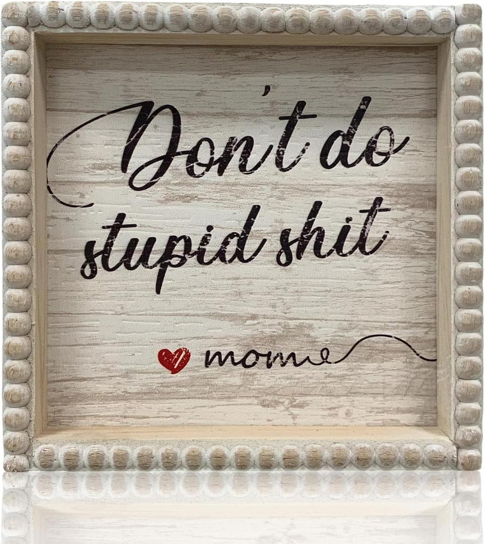 Boho Farmhouse Wooden Framed Bathroom Decor Signs, Funny Restroom Decorative Plaque Small Cute, Toilet Rules Shelf Decoration (Don't Do Stupid Shit Love Mom)