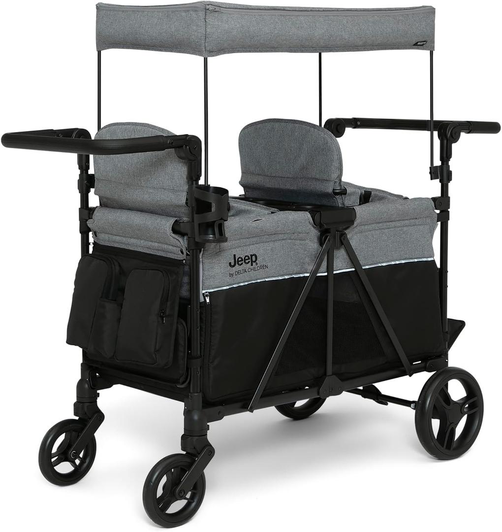 Delta Children - Jeep Aries Stroller Wagon - Premium Wagon for 2 Kids with Convertible Seats, Adjustable Push/Pull Handles, Removable Canopy & Flat Fold - Greenguard Gold Certified, Grey