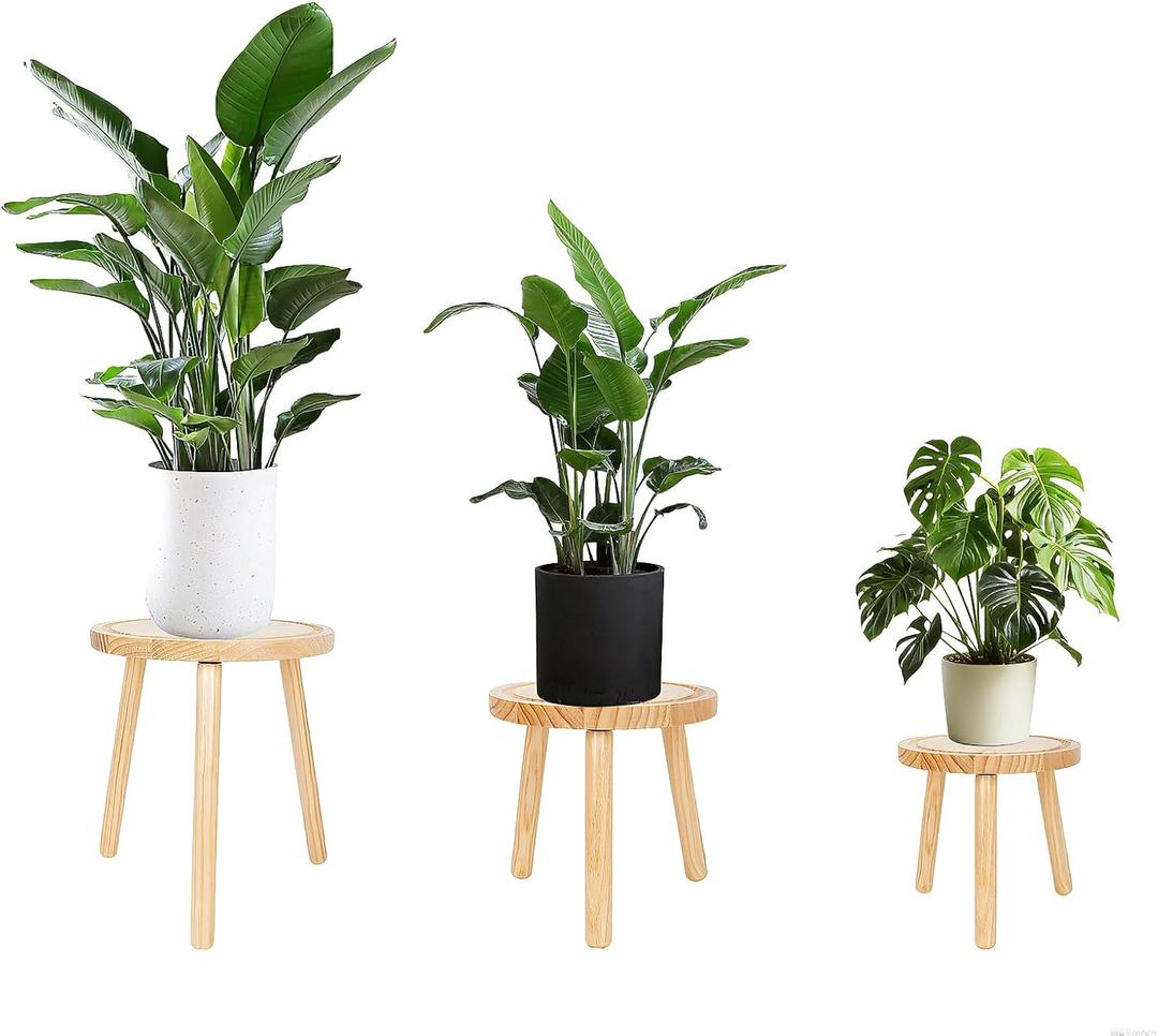 Amdermi 3-Pack Wood Plant Stands Indoor, Single Plant Stand for 6-12 Inch Pots, Mid-Century Modern Plant Stool, Tall Plant Stand for Large Plants for Living Room, Balcony, Office (Light Brown)