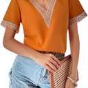 WDIRARA Women's V Neck Short Sleeve Lace Trim Top Casual Blouse Shirts Orange L