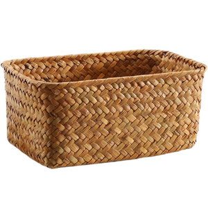 Home Decor Seagrass Storage Baskets Rectangular Wicker Storage Basket Snack Storage Bins Woven Basket Bins Rattan Storage Organizer for Shelf Storage Bins
 15x9 inch