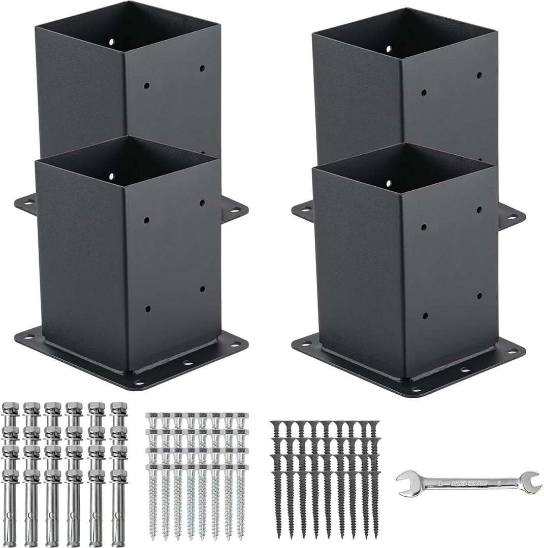 4x4 Post Base 4 Pcs, (Inner Size 3.6x3.6) Post Anchors, 13GA Thick Solid Steel & Black Powder Coated,Deck Post Brackets Support Deck Base Plate Pergola Brackets Fence Kit Mailbox Mount