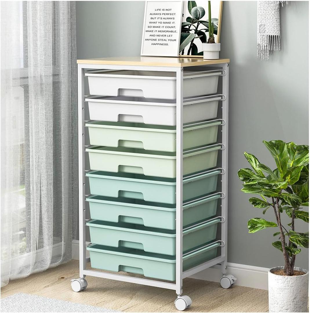 Rolling Storage Utility Cart Organizers with 8 Drawers and Wooden Tabletop for Living Room,Office,Classroom,Craft Room,Bedroom,Dorm,Green