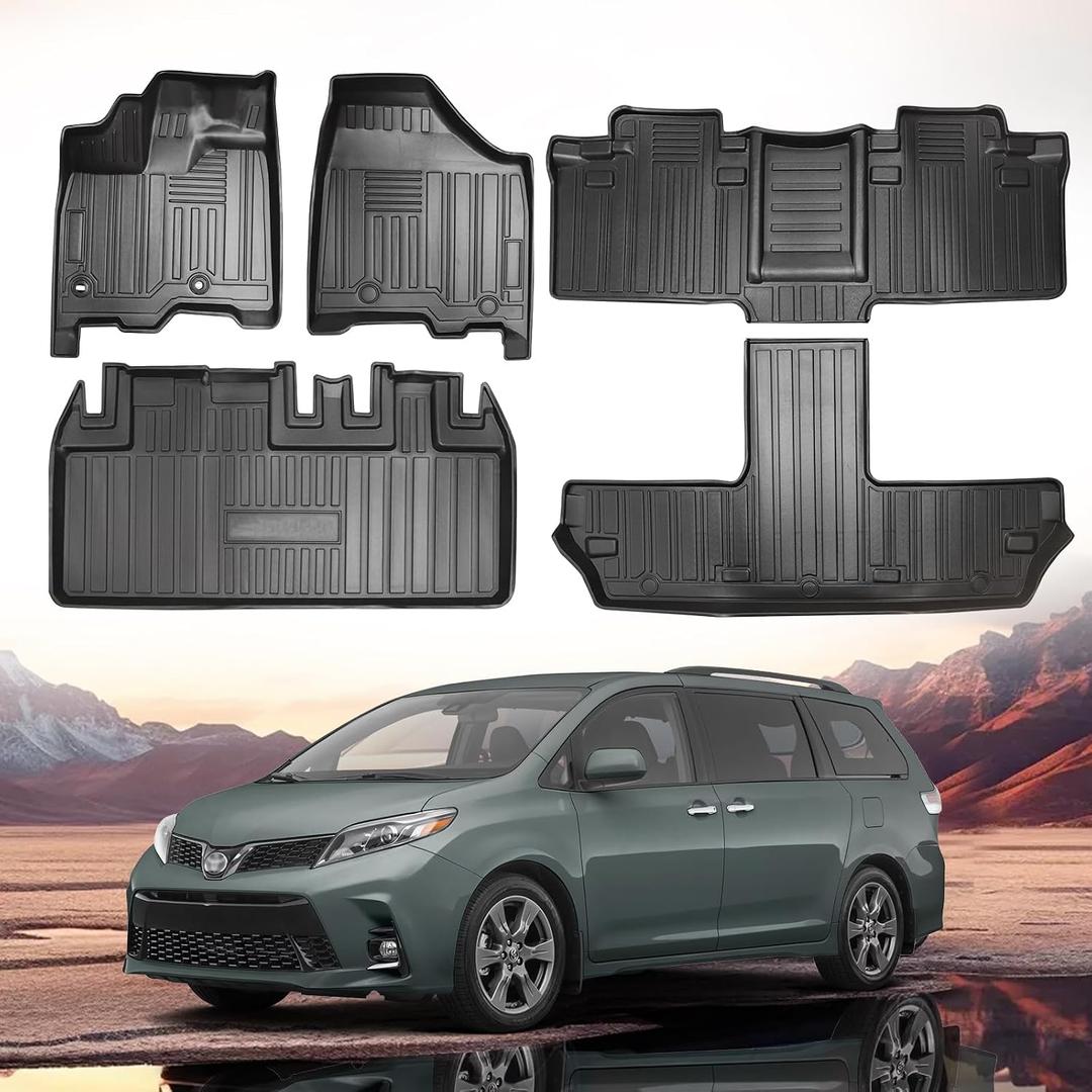 Floor Mat 3 Rows Fit for Toyota Sienna 2013-2020 Cargo Trunk Liners All Weather Black TPE Car Mats Compatible for Sienna 2013 2014 2015 2016-2020 Accessories（7 Passenger Model）