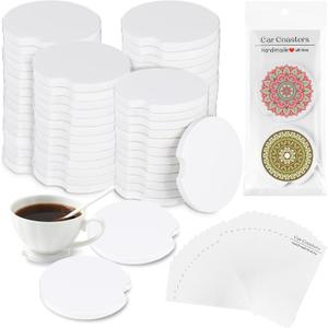 Zhehao 136 Pcs Ceramic Car Coasters with Bags and Cards 2.64'' Sublimation Coasters Blanks Ceramic Car Cup Holder Coasters with A Finger Notch for Easy Removal Car Coaster