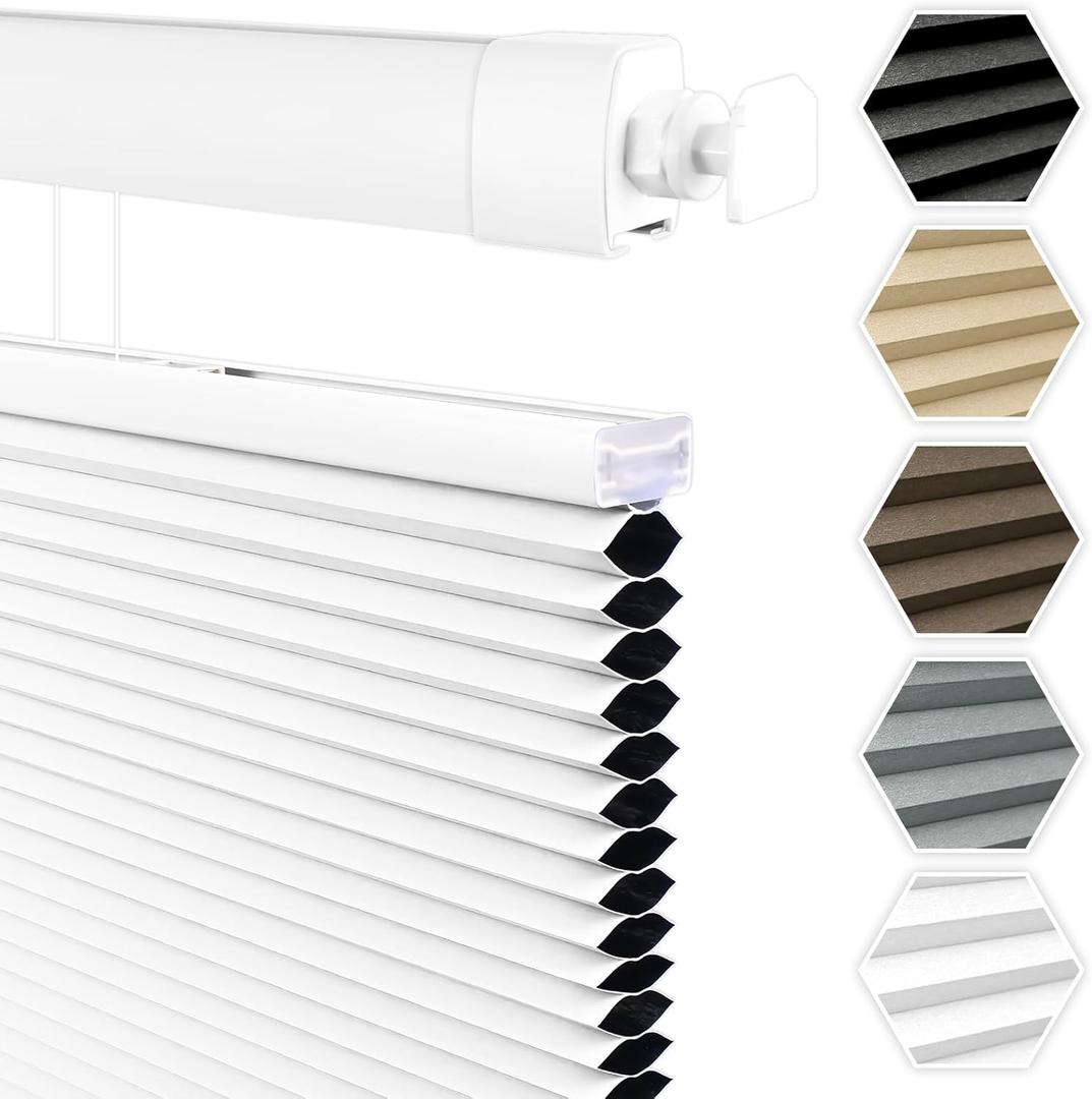 No Drill No Tools Cellular Shades Top Down Bottom Up Honeycomb Blinds Blackout Cordless Window Blinds Easy to Install Cellular Shade for Windows,Blackout-White, (34"W x 48"H)