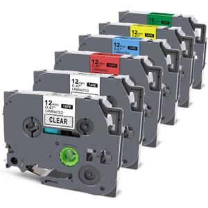 Compatible Label Tape Replacement for Brother PTouch TZe Label Maker Tape 12mm 0.47 Inch Laminated TZe 131 231 431 531 631 731, for PT-D210 PTH110 PTD600 PTD400 PTP750w PT-1880, 6 Pack (Black on Clear/White/Red/Blue/Yellow/Green, 6pack)