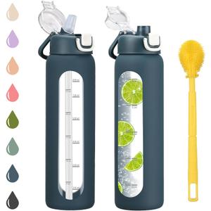 chunmo 32 oz Glass Water Bottle with 2 Lids-Handle Spout Lid & Straw Lid, 1 Liter Motivational Borosilicate Water Bottle with Time Marker and Silicone Sleeve,Leakproof-Dark Blue-1 Pack