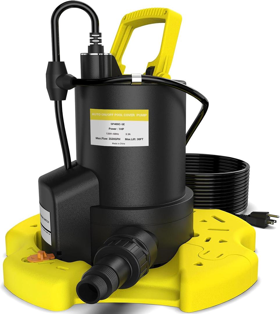 Automatic Pool Cover Pump - 1 HP 3500 GPH Water Pump Above Ground with Check Valve, 3 Adapters and 29.5FT Extra Long Power Cord, Sump Pump Water Removal for Pool, Hot Tubs (Yellow)