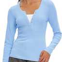Women's Long Sleeve Henley Tops Ribbed Knit Slim Fitted Trendy T Shirt Basic Tees Layer 2026 Spring Fashion Outfits, Size XL