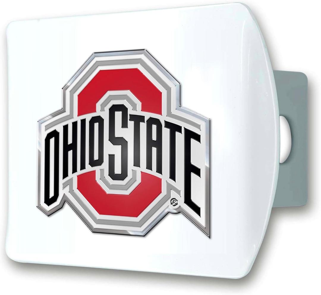 FANMATS 43590 Ohio State University Color Hitch Cover - White with Metal Chrome 3D Logo Emblem  Easy Installation on Truck, SUV, Car - Ideal Gift for Die Hard NCAA Fan