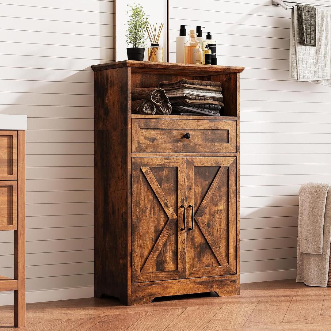 Floor Cabinet, Farmhouse Storage Cabinet with Barn Doors and Drawer, 11.81" D x 23.62" W x 39.37" H Rustic Brown Freestanding Adjustable Shelf Organizer for Bathroom, Kitchen, Living Room