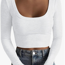 Women's Square Neck Long Sleeve Ribbed Slim Fitted Casual Basic Crop Top Small