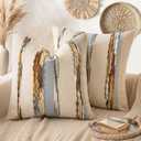 ANRODUO Pack of 2 Boho Decorative Throw Pillow Covers 20x20 Farmhouse Cushion Case Striped Chenille Pillow Cases Square Pillow Covers Accent Neutral Pillowcase for Sofa Couch Bed, Blue-Earth Tones
