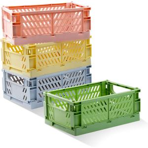 Xhwykzz 4 Pack Pastel Crates for Storage, Plastic Folding Basket, Colorful Small Storage Containers for Bedroom Office Classroom Bathroom Desktop Drawer Organizer Decor (9.8x6.5x3.8inch) (Medium, Pink, blue, green, yellow.)