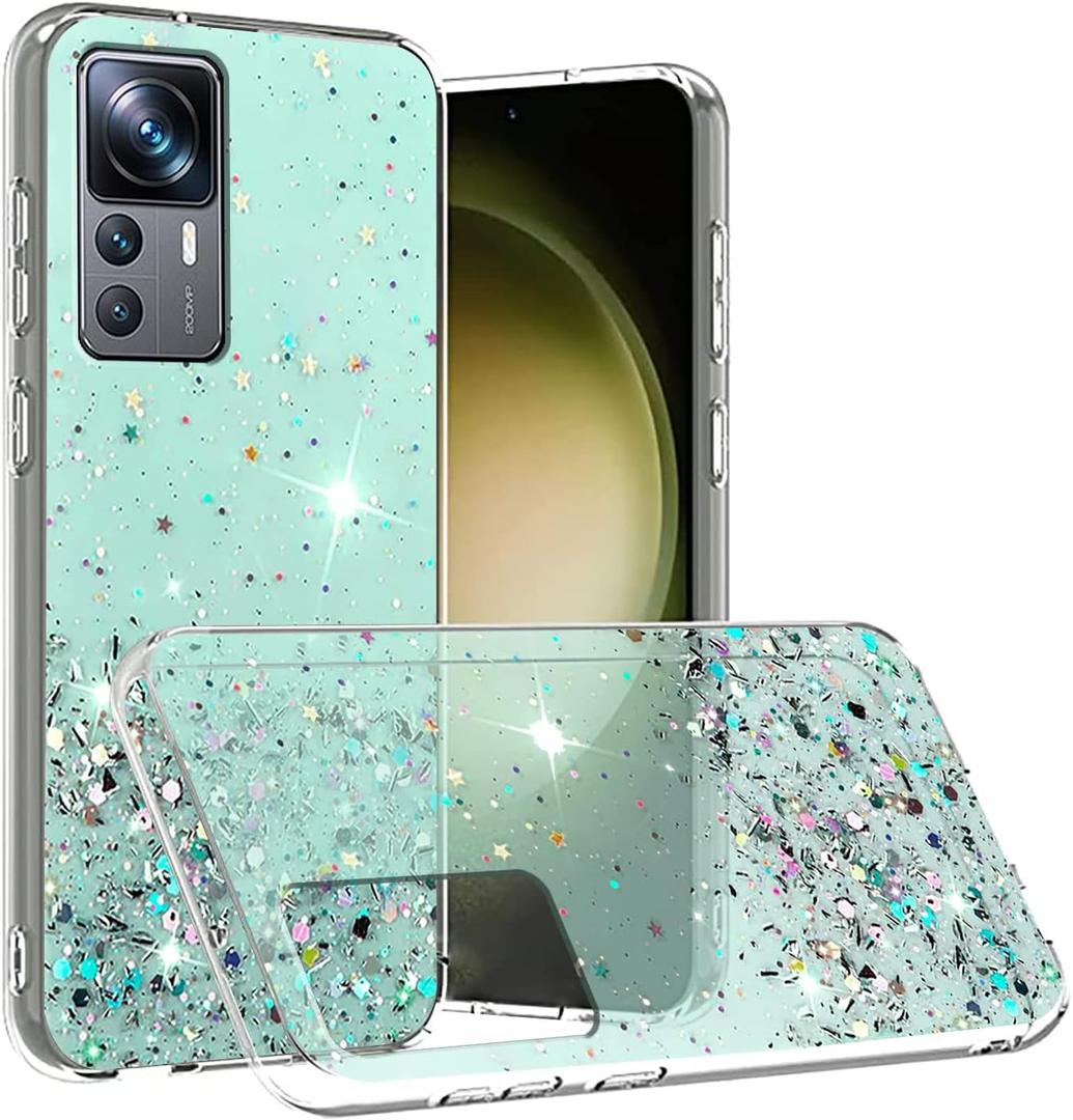 Compatible with Xiaomi 12T Pro Case Glitter Clear Green, Phone Case for Xiaomi 12T Pro Silicone Transparent Soft TPU Women Girls Shockproof Protective Slim Cover (Green)
