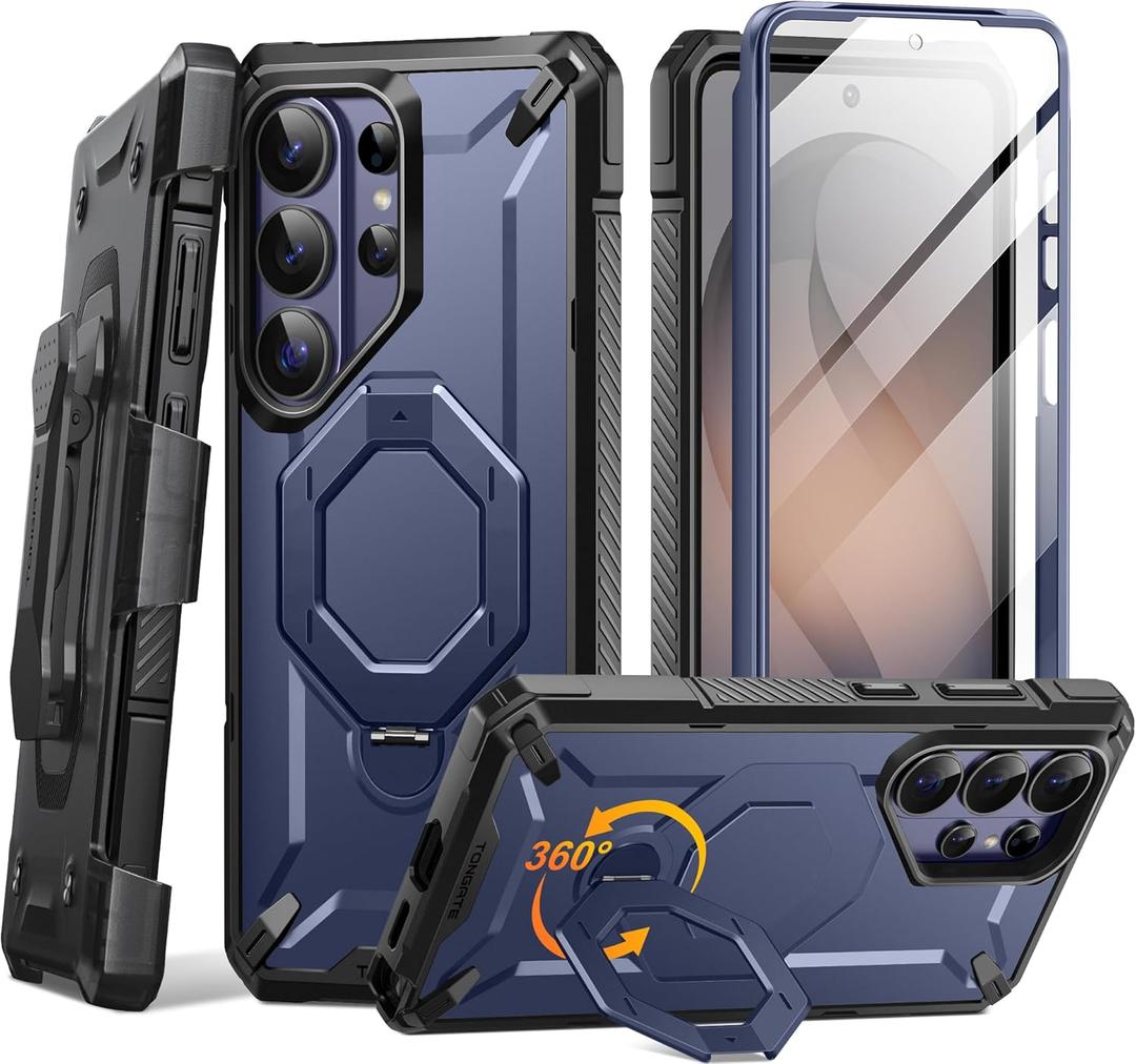 TONGATE for Samsung Galaxy S26 Ultra Case with 360 Spin Magnetic Stand, Compatible with MagSafe, Built-in Screen Protector & Belt Clip, Non-Slip Military Grade Protection Case for S26 Ultra, Blue
