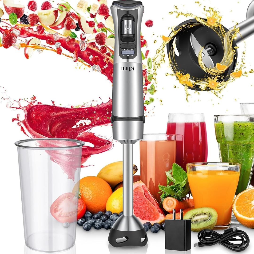 IUIPI Cordless Hand Blender, Variable Speed​ Rechargeable Immersion Blender Handheld, Portable Blender Stick and 800ml Cup with 304 Stainless Steel Blade, Beater for Sauce, Soup, Smoothie, Baby Food