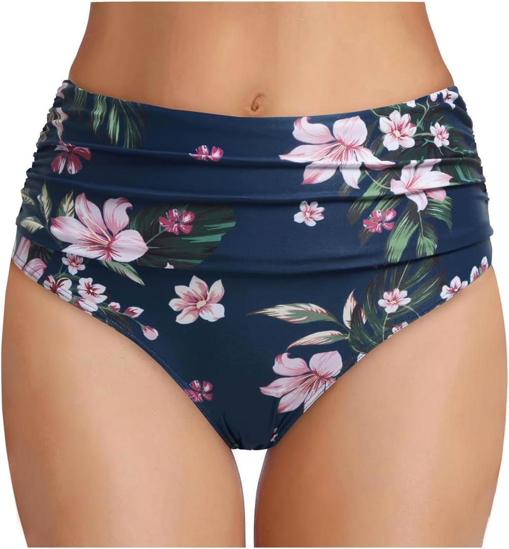 Tempt Me Women's High Waisted Bikini Bottom Tummy Control Ruched Bathing Suit Swim Bottom (Large, Blue Flower)