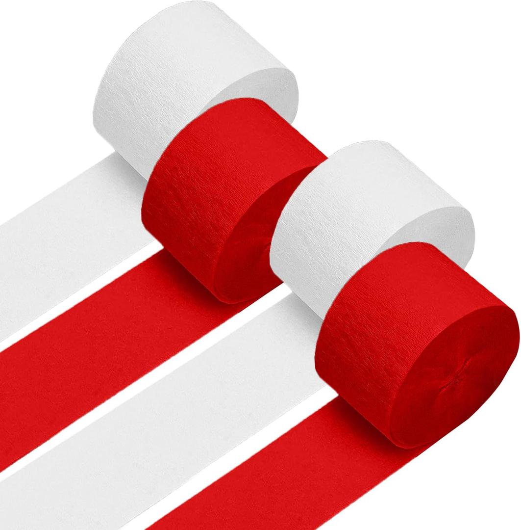 4 Crepe Paper Streamers Rolls, 328ft Pack of Red and White Crepe Paper for Birthday Baby Shower Wedding Christmas Valentines Day Party Decorations (1.8 inch x 82 ft/Roll)