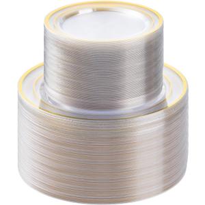 BESTSTAR 200PCS Clear Gold Plastic Plates Set, 100 10.25 inch Dinner Plates and 100 7.5 inch Dessert Plates, Disposable Plates for Party, Wedding