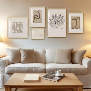 Framed Matisse Abstract Neutral Wall Art, 5 Piece Large Beige Canvas Prints Set, Modern Minimalist Geometric Botanical Paintings for Living Room, Bedroom, Hallway, Home Office, Guest Room (8"x10"x1Pc+12"x16"x2Pcs+16"x16"x1Pc+16"x24"x1Pc)