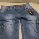 Flamingals Women's Star Flap Pocket Side Vintage Summer Low Waist Skinny Cargo Capris Jeans (Blue, XL)