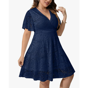 SCOMCHIC Women Plus Size Lace Cocktail Dresses Summer Wrap V Neck Short Sleeve Flowy A Line Wedding Guest Midi Dress, SIZE 2XL
