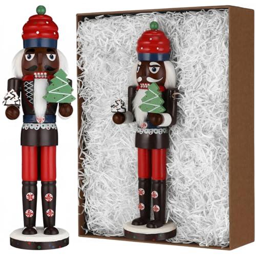 Hungdao 15 Inch Black Christmas Nutcracker Decor Wooden African American King Figure Black Santa Xmas Festive Soldier Nutcracker Christmas Ornaments Gift for Tabletop Holiday Winter Indoor(Tree)