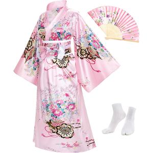 Japanese Anime Women's Kimono Robe Geisha Yukata Sweet Dress Blossom Satin Bathrobe Sleepwear Fans Tabi Socks Set (S, Pink)