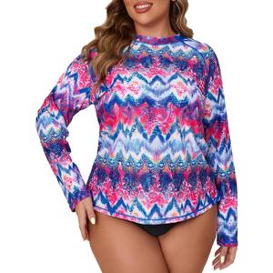 Halcurt Women's Plus Size Long Sleeve Rash Guard Swim Shirts UPF50+ Sun Protection Loose Fit Swimsuit Top (4X, Bohemian Blue)