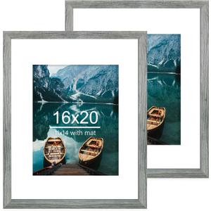 Hongkee 16x20 Frames Set of 2, Rustic Grey Wood Style - Display 16 x 20 Picture without Mat or 11x14 Picture with Mat, Wall Mounting Horizontal and Vertical