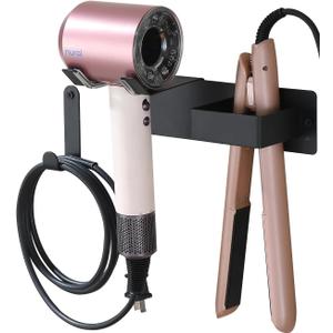 Hair Dryer Holder Wall Mounted, Hair Tool Organizer Wall Mount for Bathroom, Stainless Steel Hair Dryer Holder, Blow Dryer Holder Adhesive/Drilling Hair Dryer and Straightener Holder Black UEMUSI