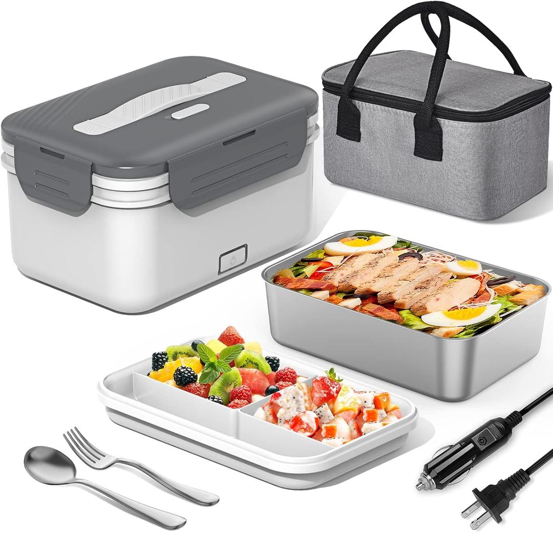 Electric Lunch Box Food Heater 100W, 4 in 1 Ultra Quick Heated Lunch Boxes for Adults 12V/24V/110V/220V Portable Food Warmer for Car/Truck/Office With Fork Spoon and Insulated Carry Bag (Pear White)