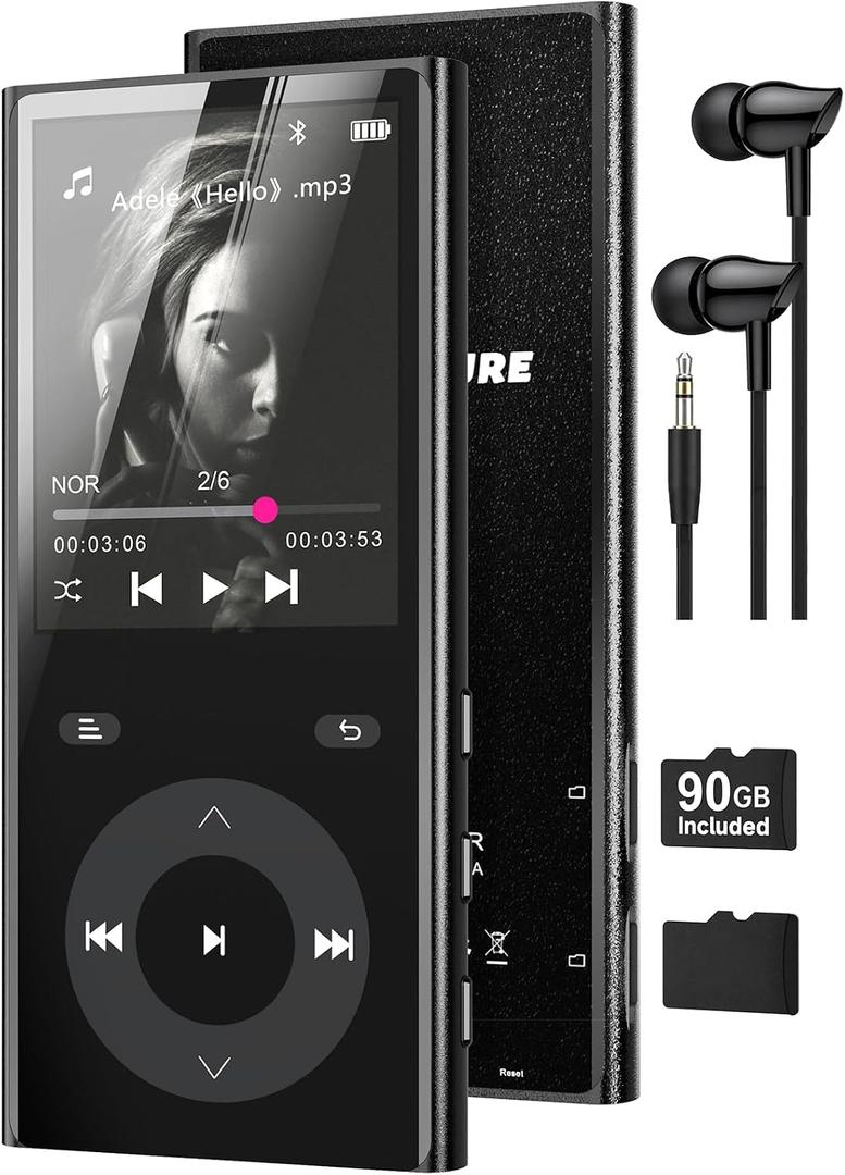 90GB MP3 Player with Bluetooth 5.3, Music Player with 2 TF Card Slots, 2.4" Color Screen, Touch Buttons, MP3 Player for Kids Built-in Speaker, HiFi Sound, Supports up to 256GB, Earphones Included