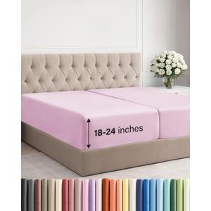 Extra Deep Split King Fitted Sheet - Hotel Luxury Single Fitted Sheet Only - Easily Fits 18 inch to 24 inch Mattress - Ultra Soft, Wrinkle Free w/Extra Deep Pockets - Breathable & Comfy - Light Pink