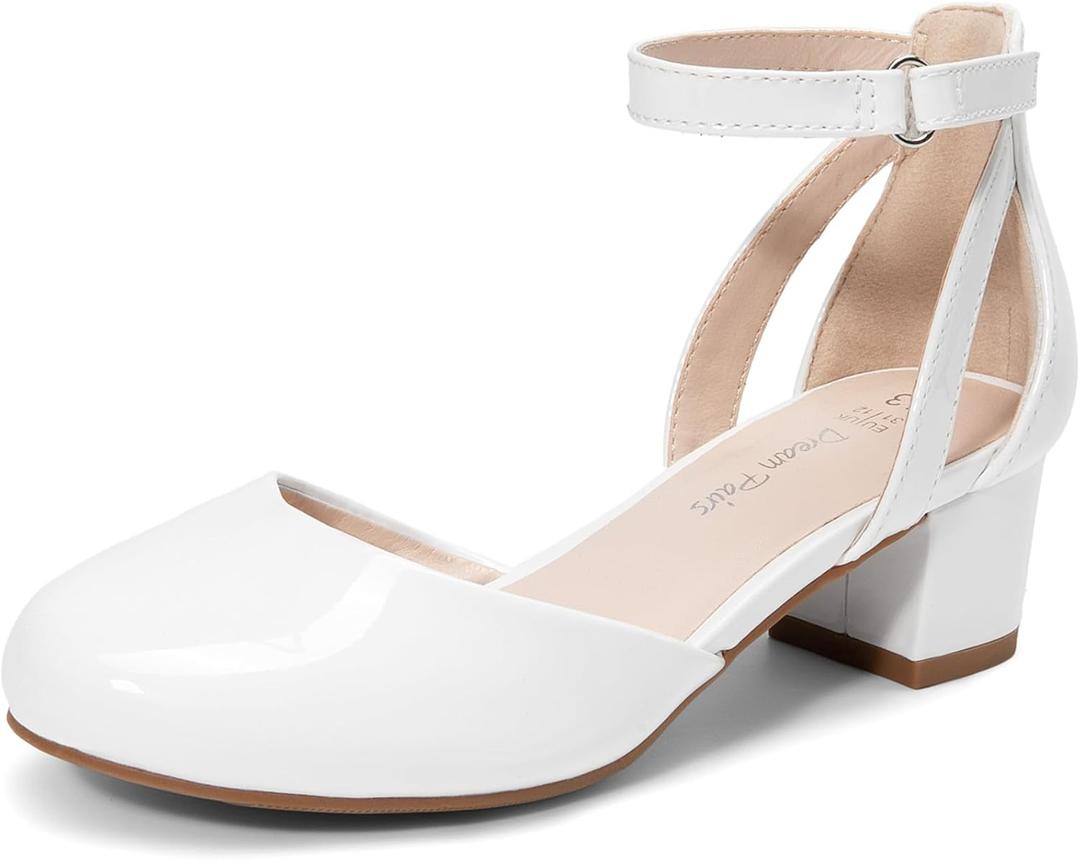 DREAM PAIRS Girls Dress Shoes Closed Toe High Heels Ankle Strap Toddler Little Big Kid Wedding Flower Party Pump (White), 13