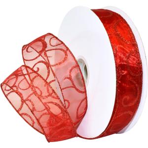 Morex Ribbon Wired Swirl Sheer Glitter Ribbons, Holiday Ribbon for Crafts and Christmas Decorations, Gift Wrapping, 1.5" x 50 Yd, Red