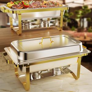 ROOMTEC Chafing Dishes for Buffet 2 Pack, 8QT 304 Stainless Steel Chafing Dish Buffet Set, Chafers and Buffet Warmers Sets for Birthday, Wedding, Rolled-Edge Design, Gold and Silver