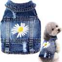 Pawstrip Dog Denim Jacket with Embroidered Daisy, Ripped Vintage Jean Vest for Small Dogs, Pugs, Chihuahuas, Spring Summer Fall Festival Outfit, Large (Fits Chest 15-16"), Large (9-12 lbs)
