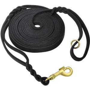 15ft Long Leather Dog Leash with Traffic Handle, Braided Leather Training Lead, Tieout for Yard, Double Handle Dog Leash for Small Medium Large Dogs Outdoor Hiking, Camping, Hunting Black