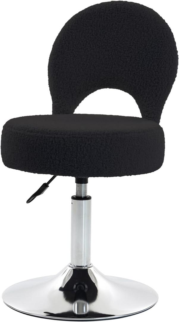 Adjustable Small Vanity Stool Chair, 360 Swivel Vanity Chair with Folding Back for Teenager, Teddy Fabric Makeup Ottoman Stool for Bedroom, Living Room, Small, Black