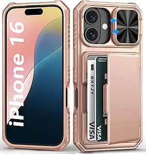 BXYJY for iPhone 16 Phone Case Wallet, Builtin Card Holder (45 Cards), Slide Camera Cover, RFID Block, Military Grade Drop Protection, Rugged Women Girly Men Protective Case for iPhone16, Rose Gold