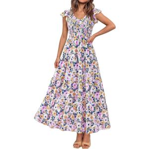PRETTYGARDEN Women's Summer Flowy Maxi Dress Casual Cap Sleeve V Neck Smocked Beach Sundress L