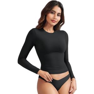 YEOREO Long Sleeve Shirts for Women y2k Tops Double Lined Basic Tee Crew Neck Going Out Sweeney Workout Undershirt (Small, Black)