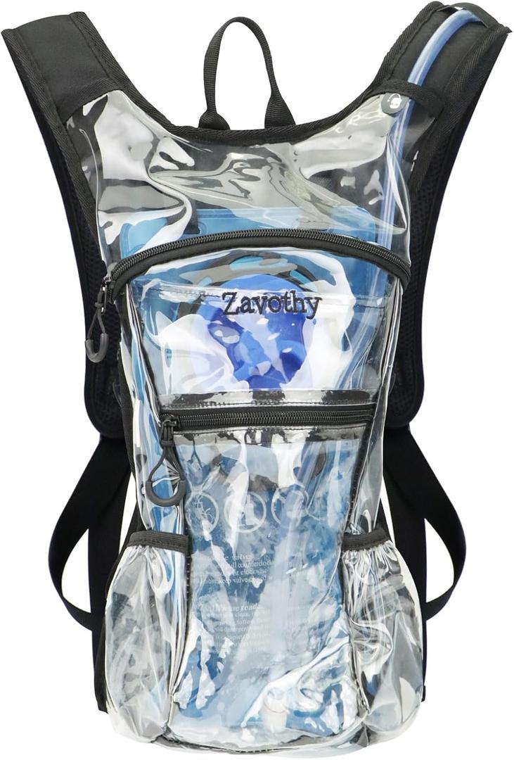 Zavothy Rave Hydration Backpack with 3L Bladder, Colorful Festival Hydration Pack with Side Pockets, Lightweight Water Backpack for EDM, Music Festivals, Hiking & Cycling (Clear Transparent)