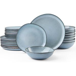 HaWare Dinnerware Sets, 24-Piece Stoneware Plates and Bowls Set, Dish Set for 8, Ceramic Dishware for Home Restaurant, Chip and Scratch Resistant, Microwave and Dishwasher Safe, Reactive Foggy Blue